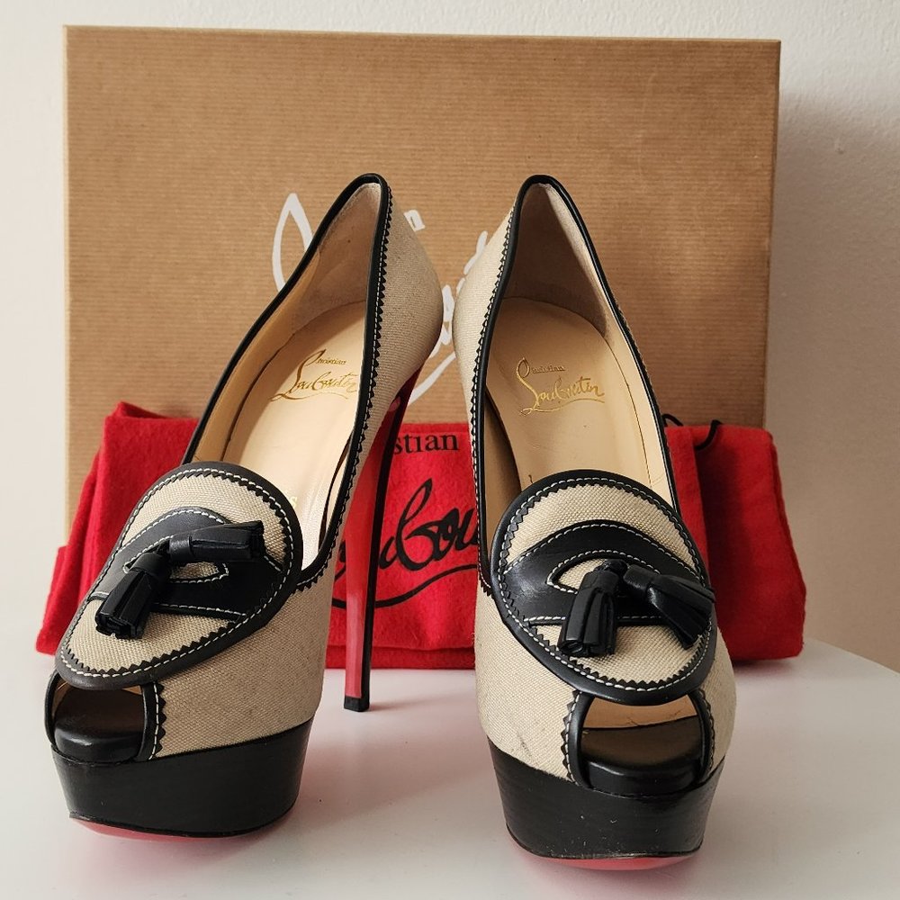 Christian Louboutin Alta Campus 150 | Canvas, Leather | Cream, Black | IT 37.5